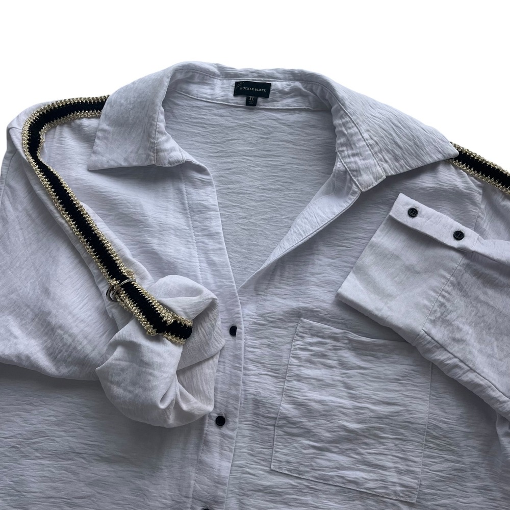 BUCKLE BLACK Women XL White Textured Button Up Roll Tab Sleeve Buckle Detail Top